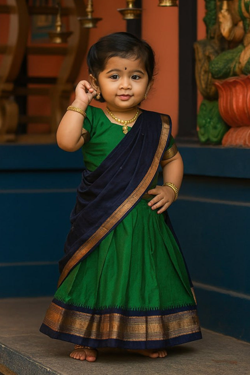 Beautiful Kids Traditional Saree Outfit – Green & Navy Blue Pattu Pavadai UK RTI