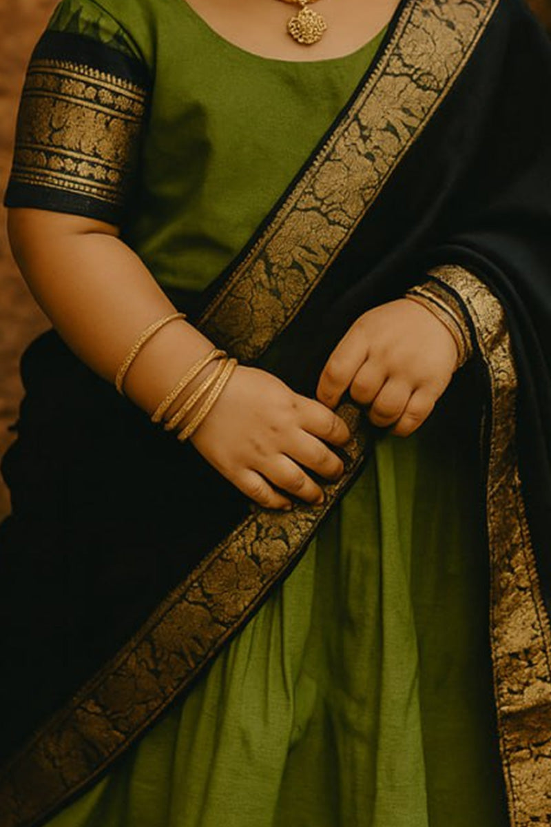 Festive Special Kids Saree Dress – Mehendi Green & Black Traditional Outfit RTI