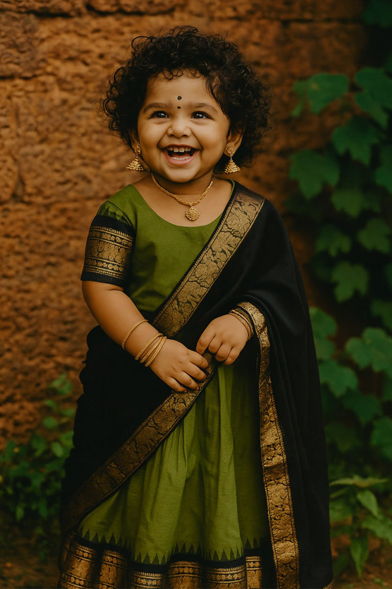 Festive Special Kids Saree Dress – Mehendi Green & Black Traditional Outfit RTI