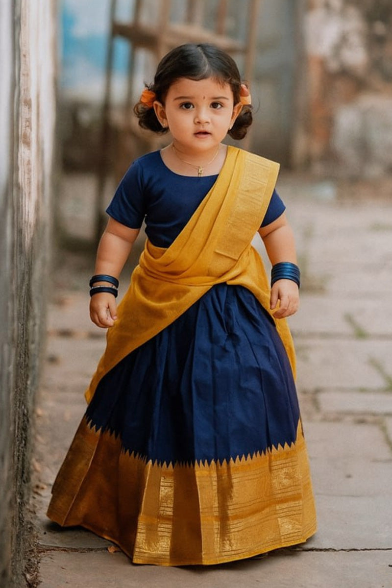 Cultural Festival Kids Dress – Traditional Indian Saree Look in Navy Blue & Yellow RTI