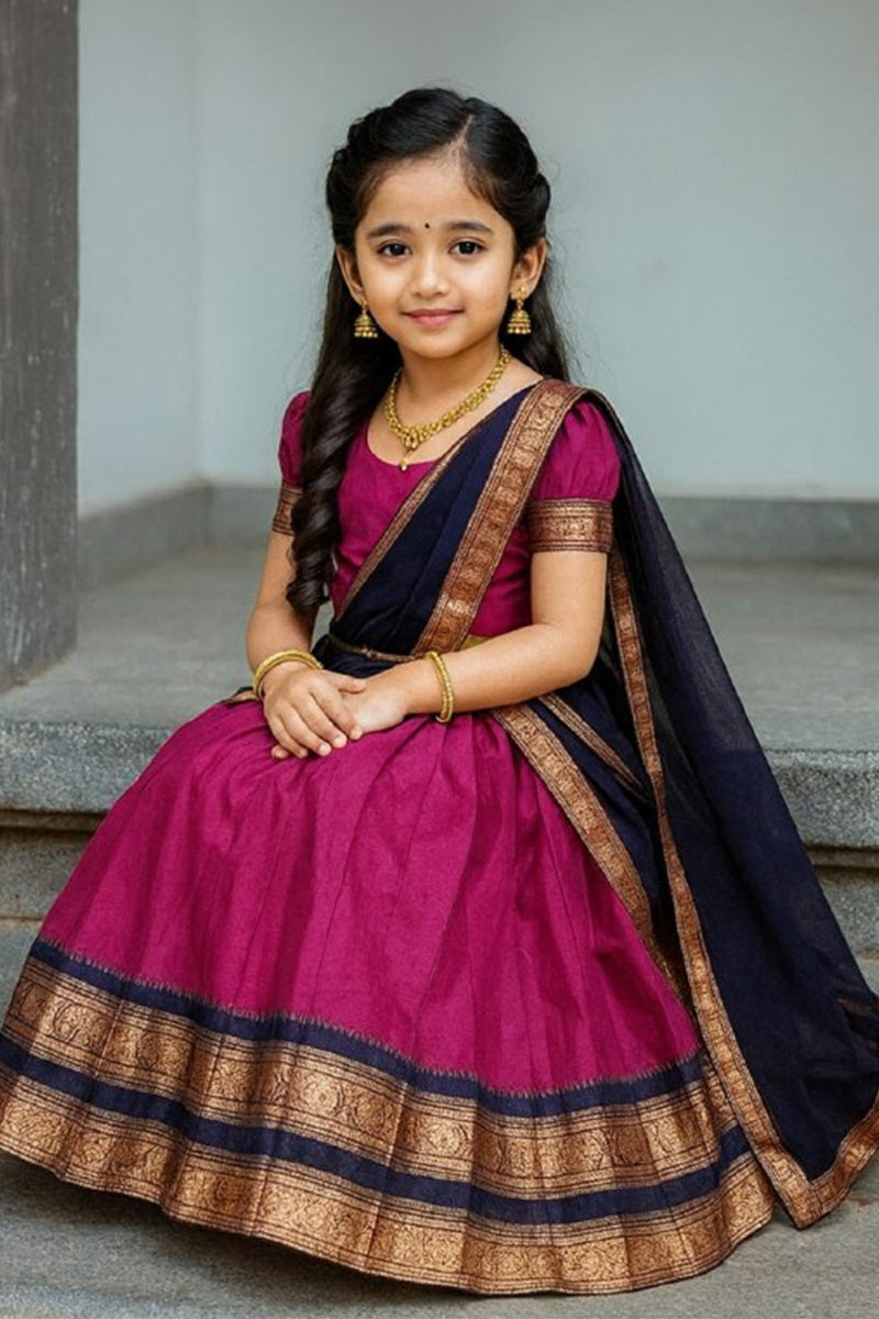 Traditional Indian Kids Dress – Pink & Navy Blue Saree Outfit RTI