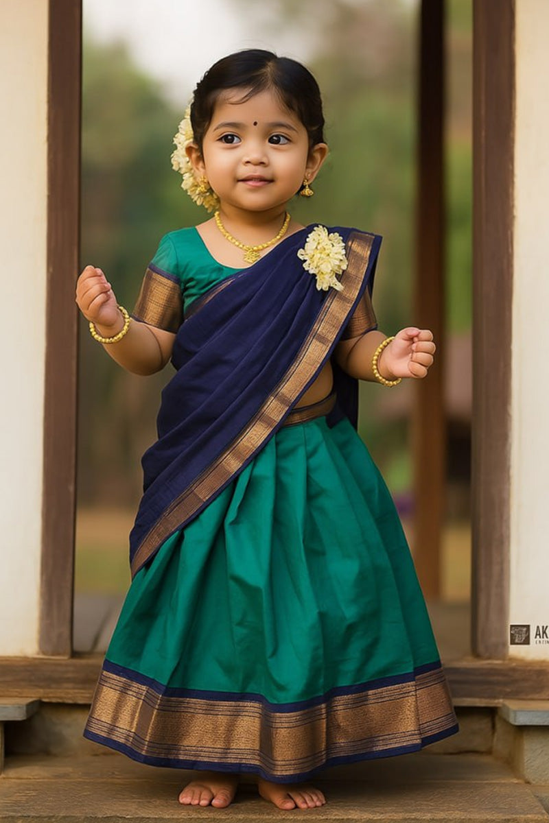 Teal Green Pattu Pavadai for Girls | Indian Saree Dress UK RTI