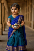 Kids Indian Dress UK | Teal Blue Saree Style Pattu Pavadai RTI