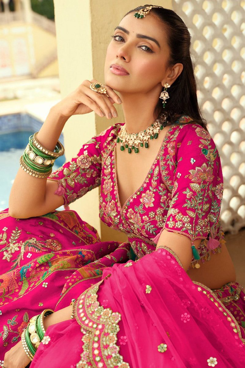 Elegant Rani Pink Bridal Lehenga with Heavy Embroidery & Rani Pink Dupatta RTI