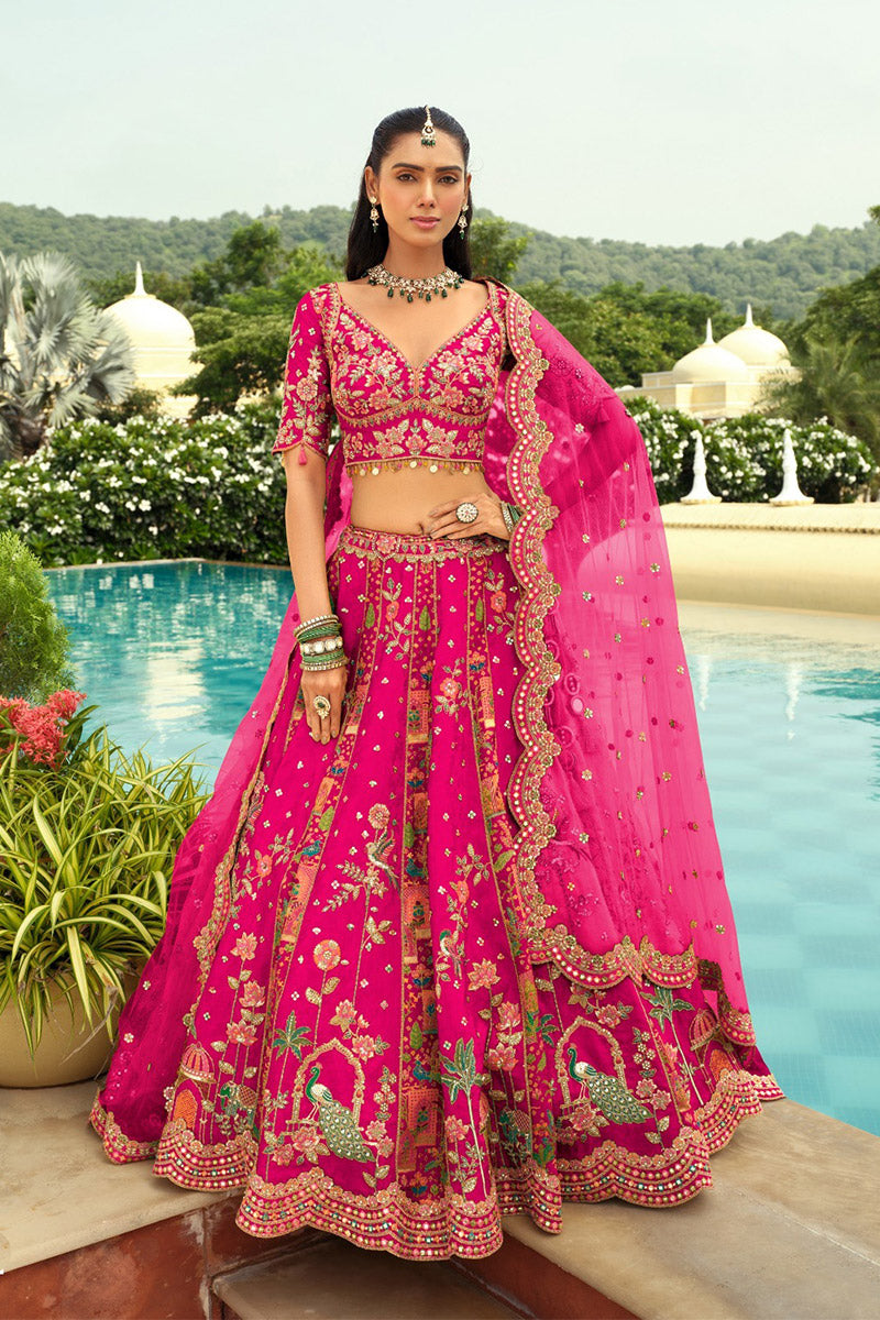 Elegant Rani Pink Bridal Lehenga with Heavy Embroidery & Rani Pink Dupatta RTI