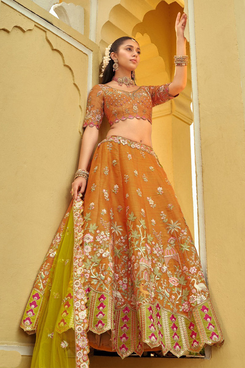 Designer Flower Embroidered Lehenga in Orange & Yellow RTI