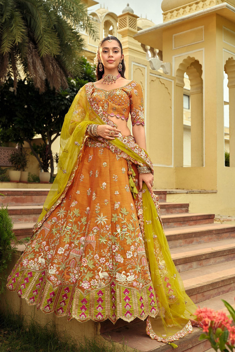 Designer Flower Embroidered Lehenga in Orange & Yellow RTI