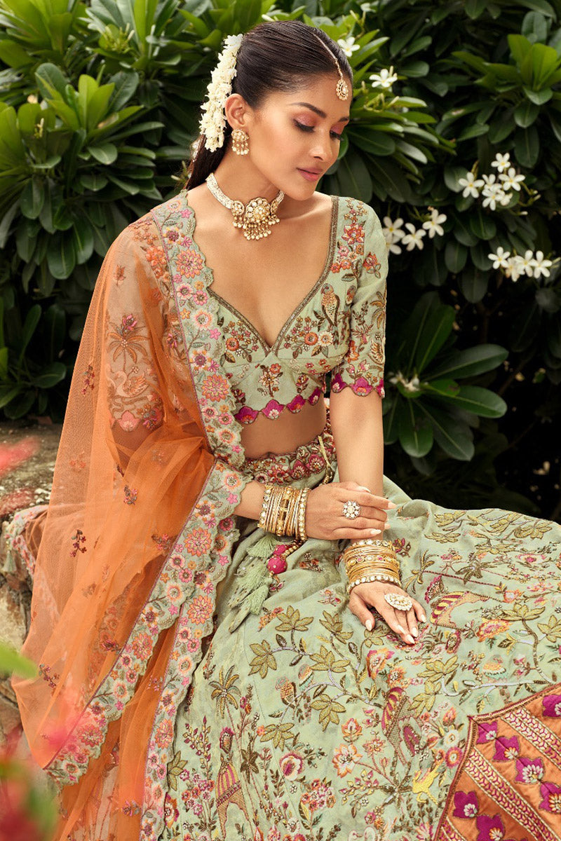 Pista Green & Orange Work Lehenga Set with Contrasting Dupatta RTI