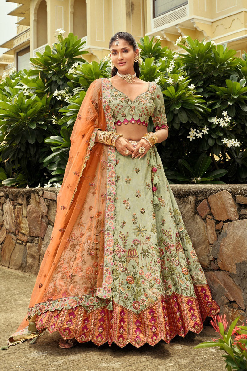 Pista Green & Orange Work Lehenga Set with Contrasting Dupatta RTI