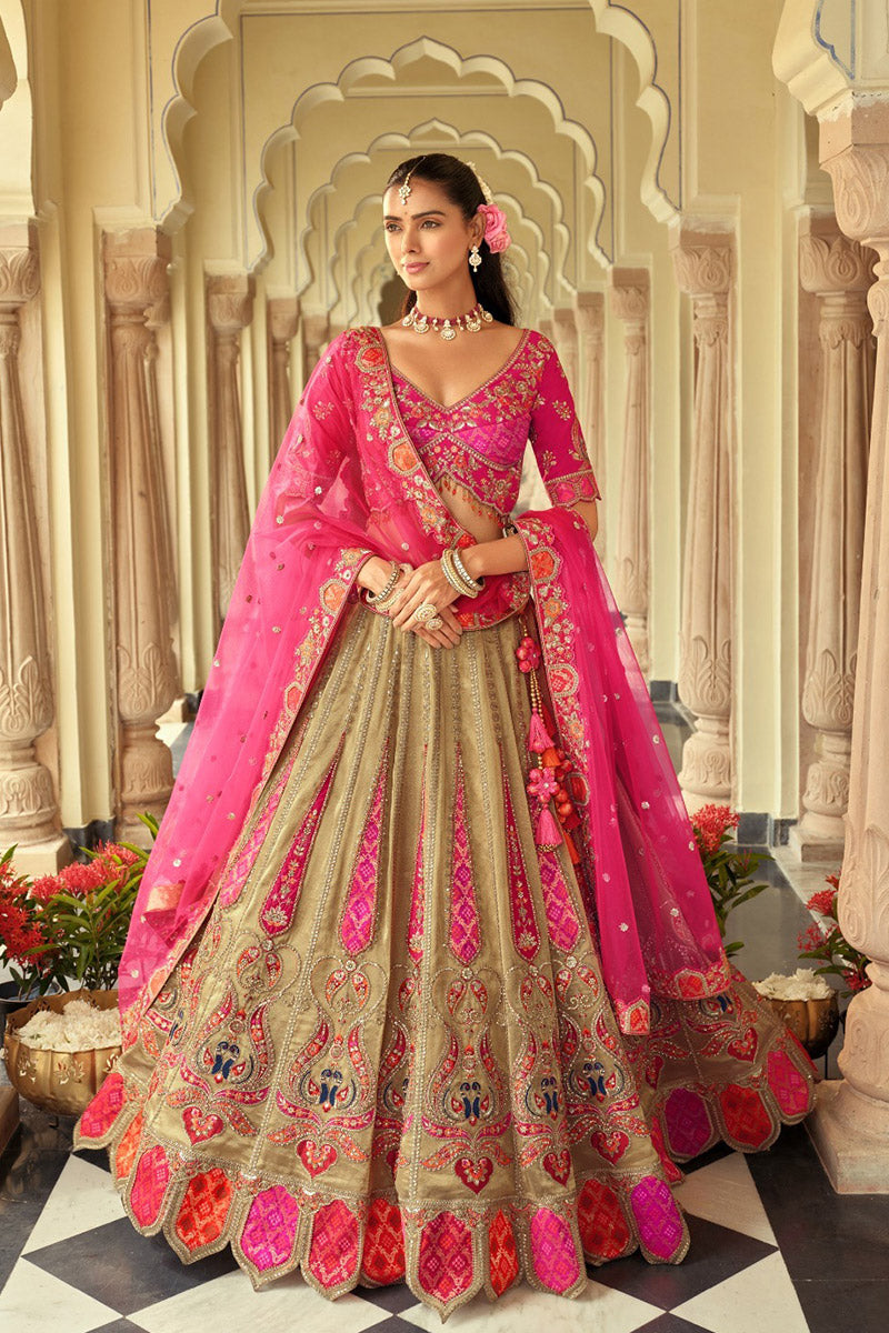 Traditional Multi Colour Embroidered Lehenga with Vibrant Rani Pink Dupatta RTI