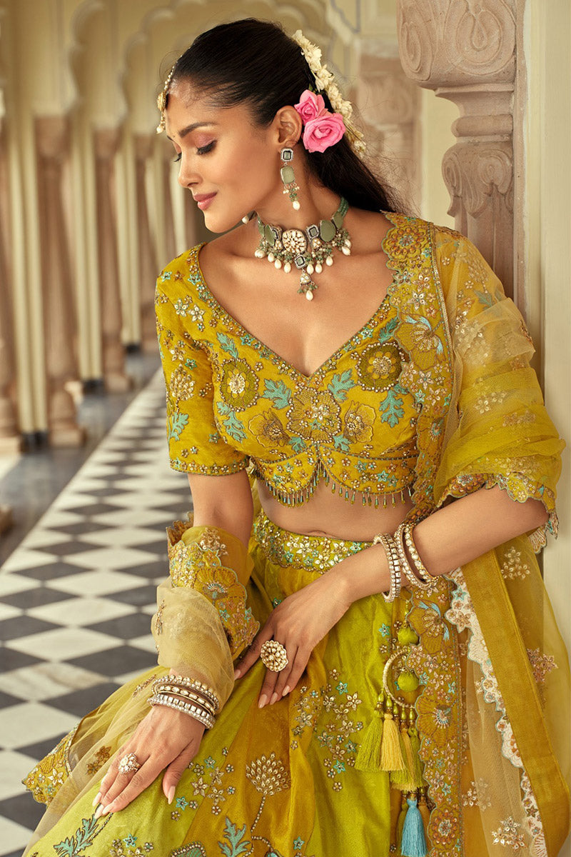 Yellow Bridal Lehenga with Heavy Leaves & Floral Work RTI