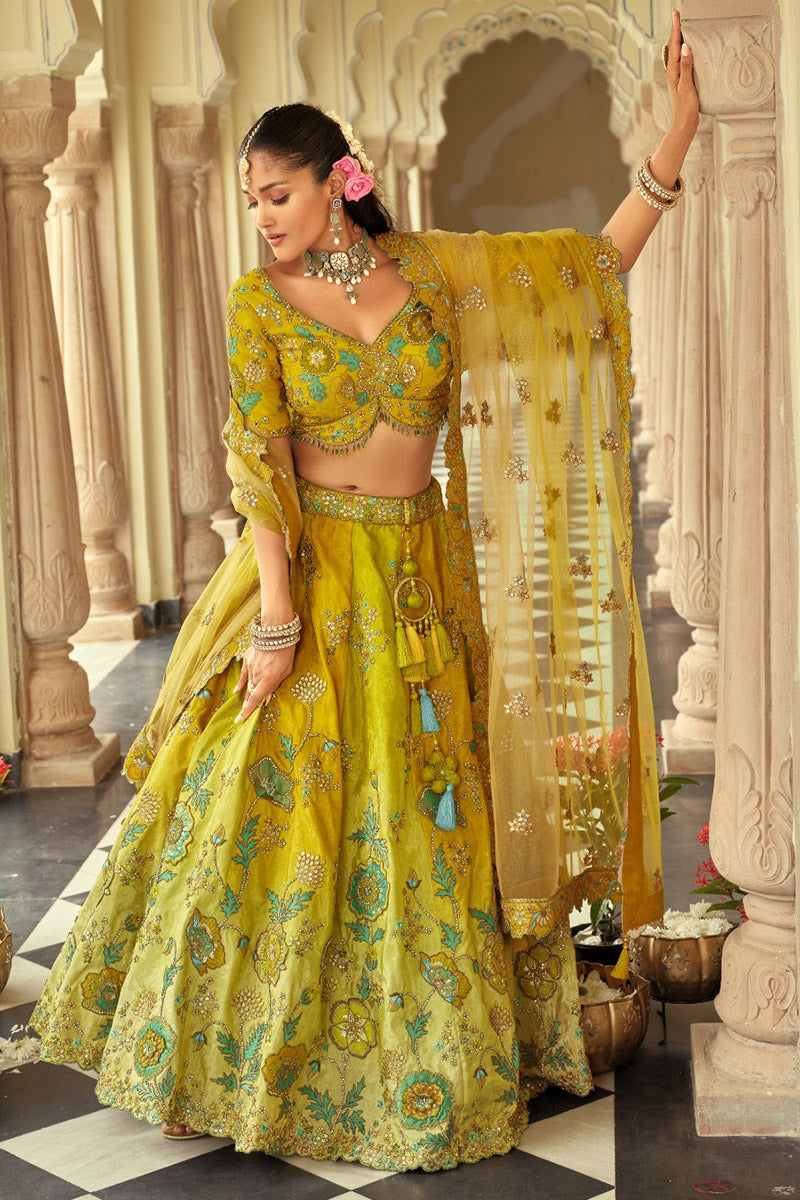 Yellow Bridal Lehenga with Heavy Leaves & Floral Work RTI