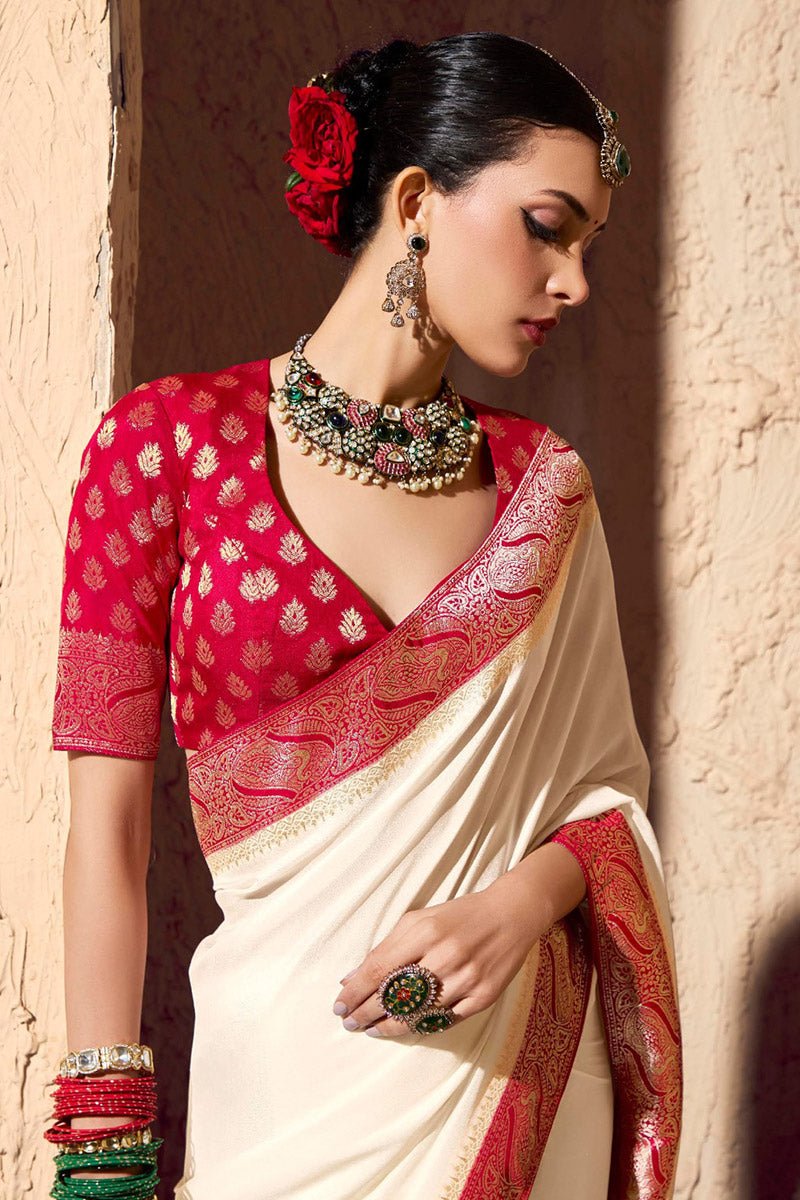 Luxury White Georgette Saree with Heavy Gold Zari Work RTI