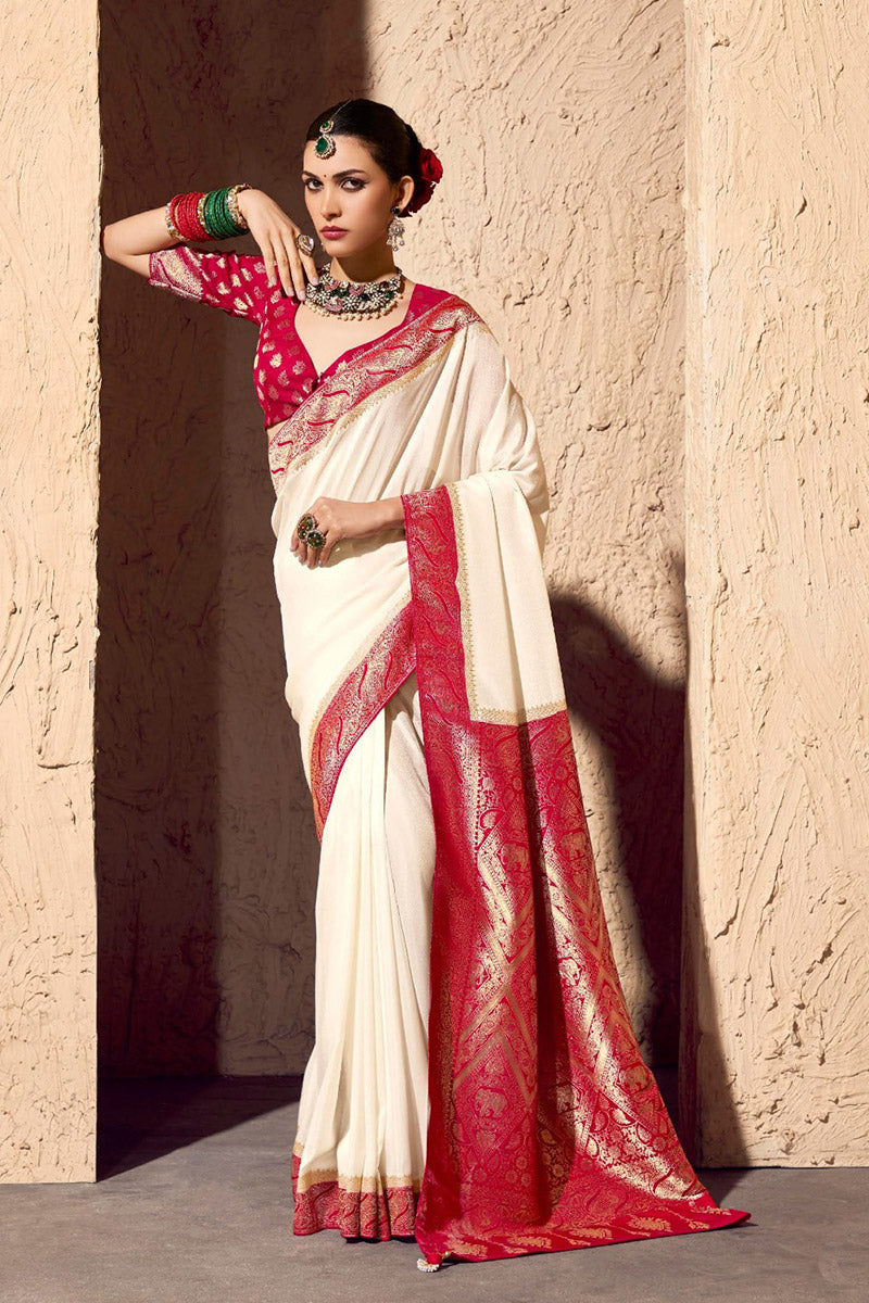 Luxury White Georgette Saree with Heavy Gold Zari Work RTI