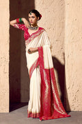 Luxury White Georgette Saree with Heavy Gold Zari Work RTI