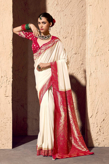 Luxury White Georgette Saree with Heavy Gold Zari Work RTI