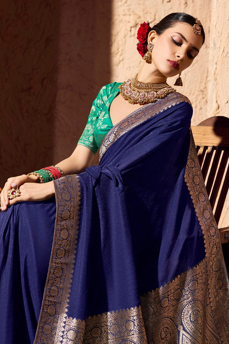 Blue Designer Saree with Embroidered Gold Border RTI