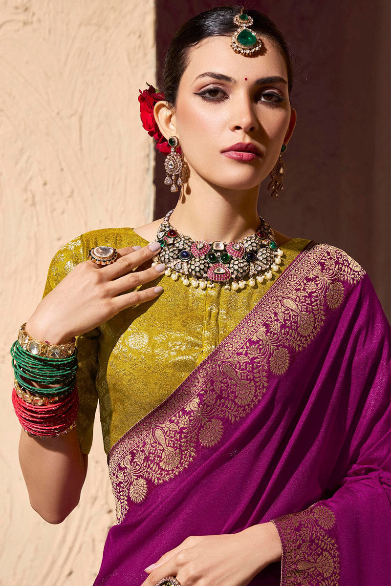 Georgette Saree in Fuchsia Purple with Elegant Gold Zari Detailing RTI