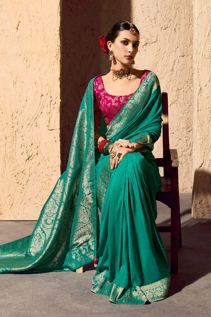 Firozi Embroidered Georgette Saree with Premium Gold Zari Border RTI