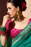 Firozi Embroidered Georgette Saree with Premium Gold Zari Border RTI