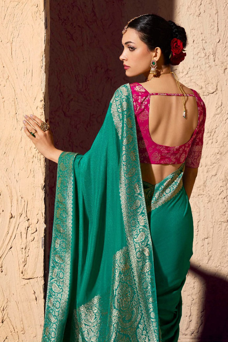 Firozi Embroidered Georgette Saree with Premium Gold Zari Border RTI