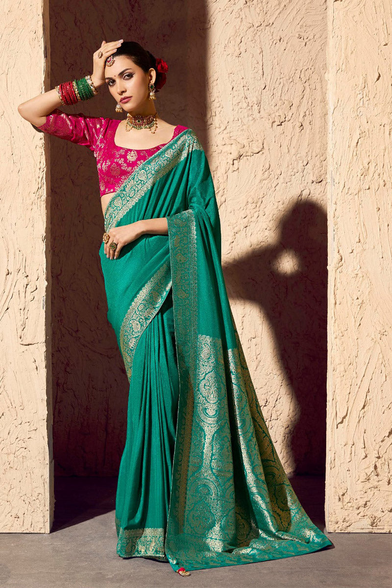 Firozi Embroidered Georgette Saree with Premium Gold Zari Border RTI