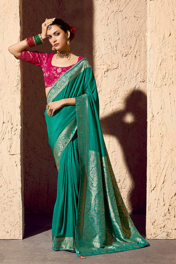 Firozi Embroidered Georgette Saree with Premium Gold Zari Border RTI