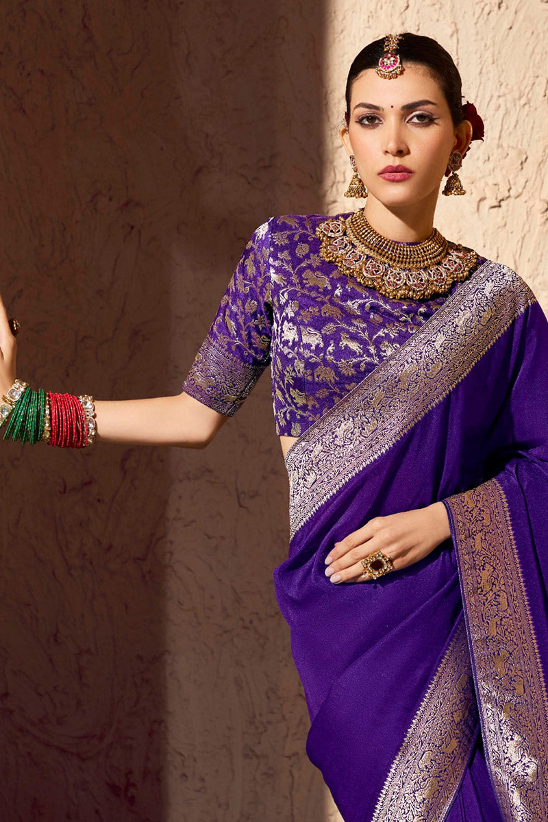 Gold Zari Embroidered Purple Saree – Elegant Indian Occasion Wear RTI