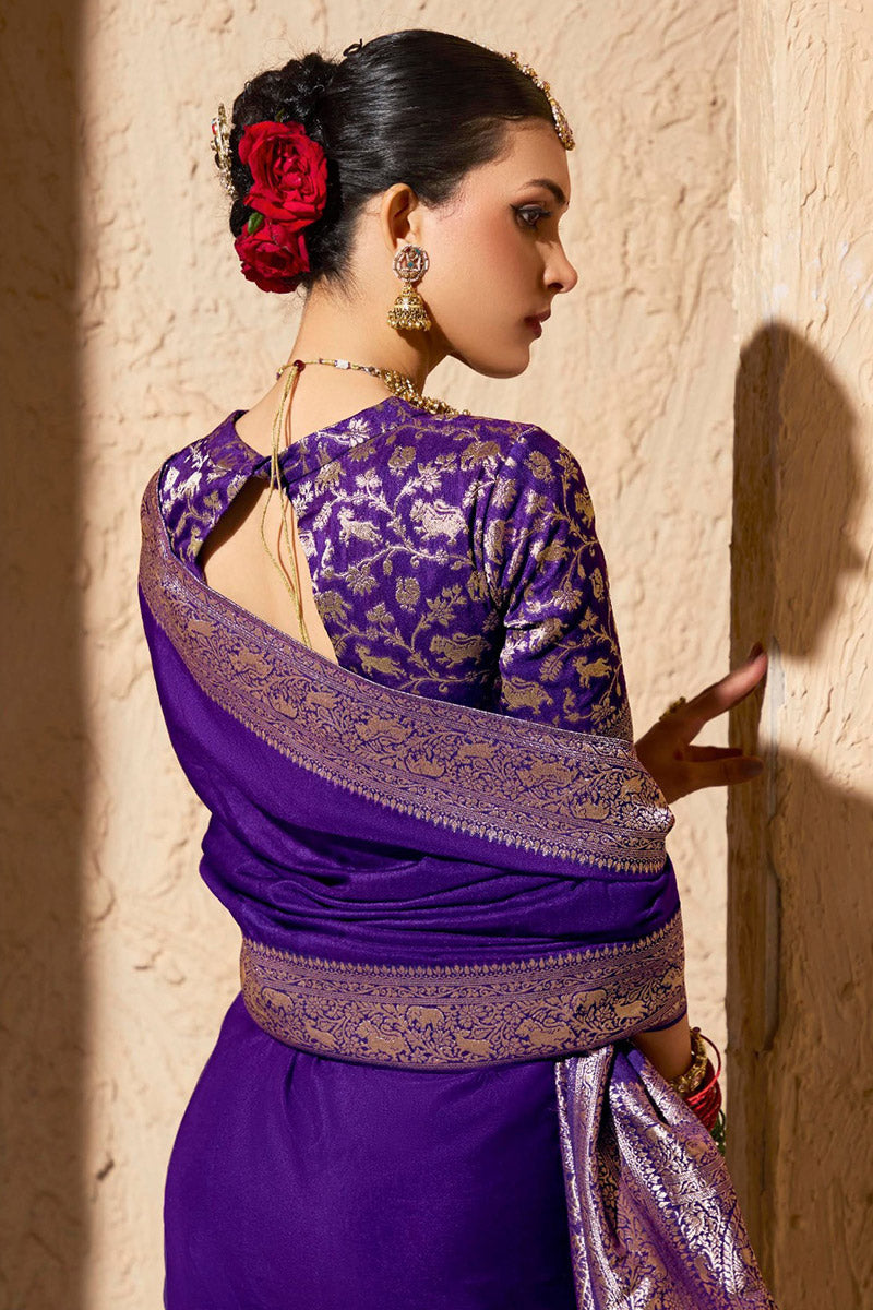 Gold Zari Embroidered Purple Saree – Elegant Indian Occasion Wear RTI