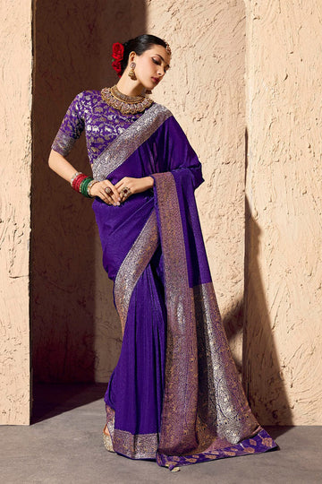 Gold Zari Embroidered Purple Saree – Elegant Indian Occasion Wear RTI