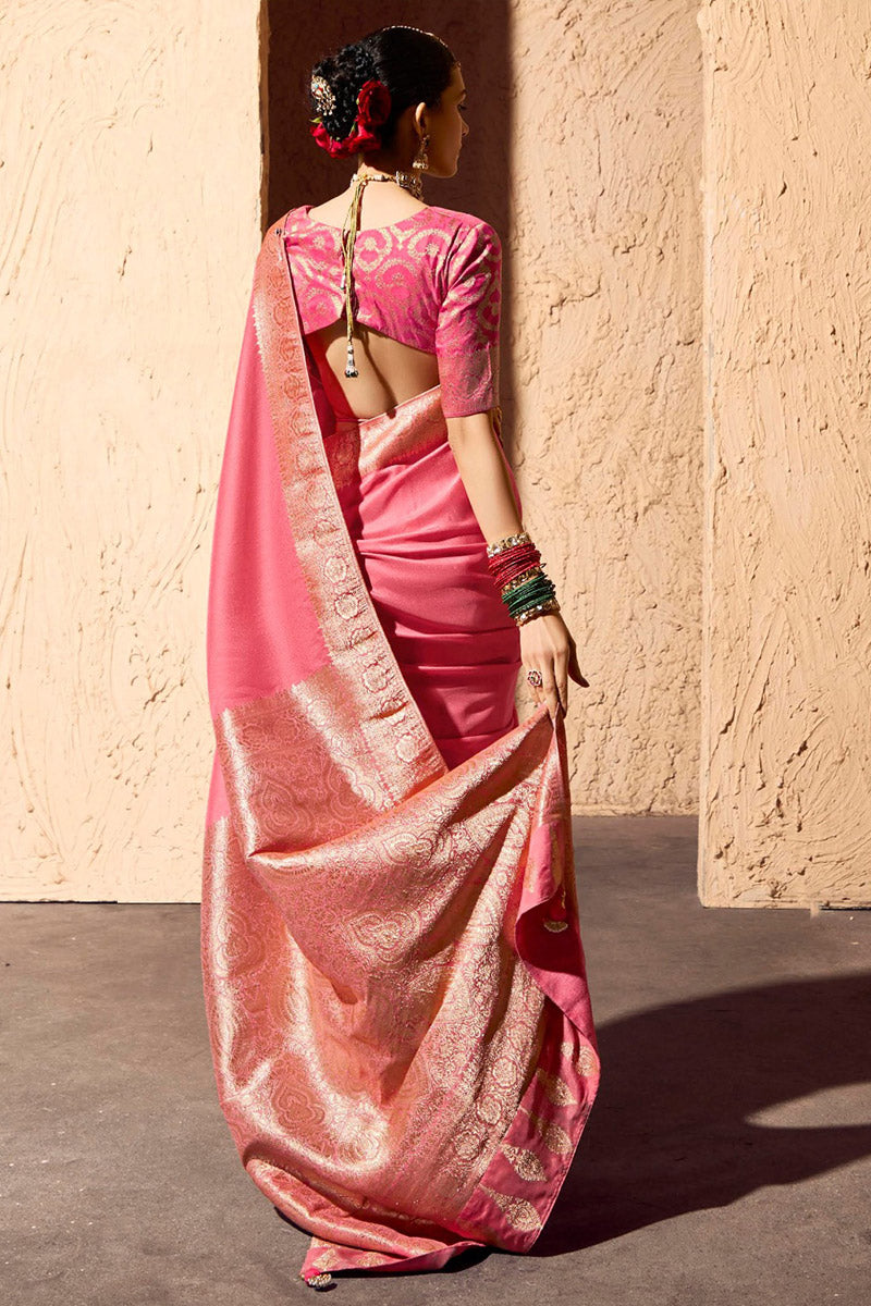 Baby Pink Party Wear Saree with Intricate Gold Border RTI