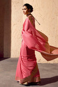 Baby Pink Party Wear Saree with Intricate Gold Border RTI