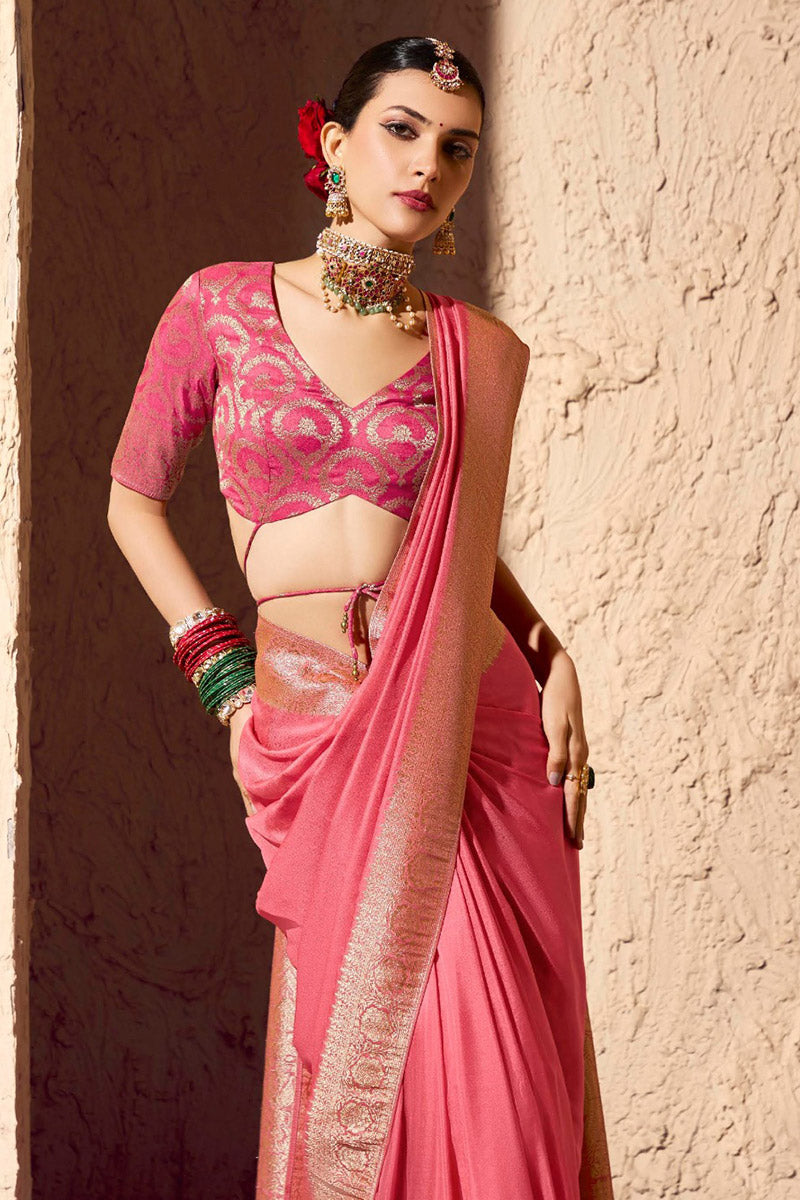 Baby Pink Party Wear Saree with Intricate Gold Border RTI