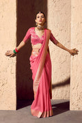 Baby Pink Party Wear Saree with Intricate Gold Border RTI