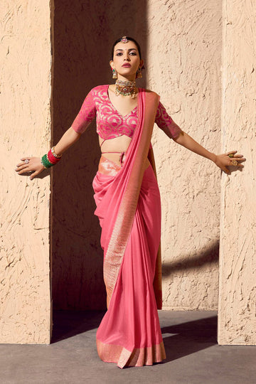 Baby Pink Party Wear Saree with Intricate Gold Border RTI