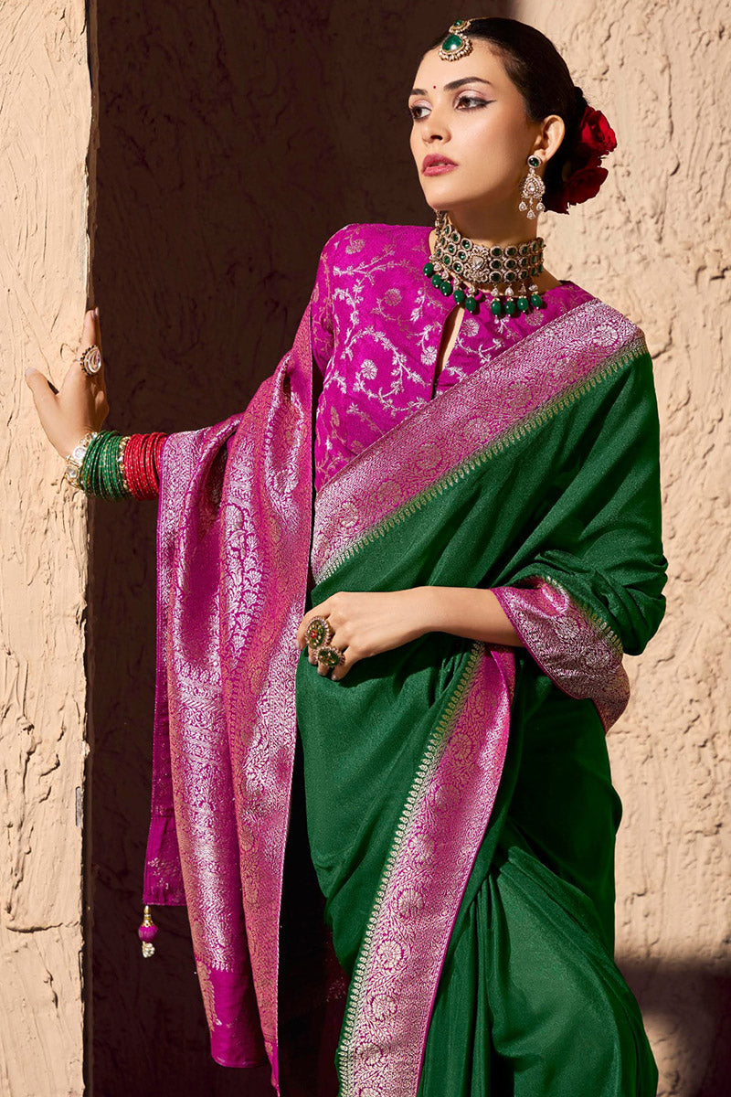Green Georgette Saree with Gold Border – Bridal & Festive Wear RTI
