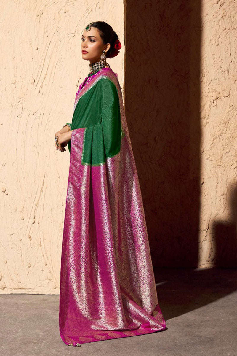 Green Georgette Saree with Gold Border – Bridal & Festive Wear RTI