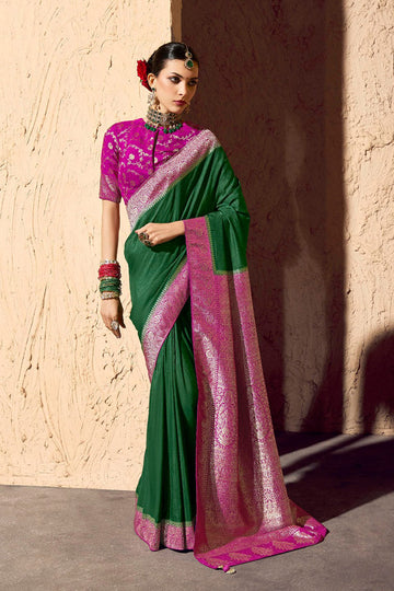 Green Georgette Saree with Gold Border – Bridal & Festive Wear RTI