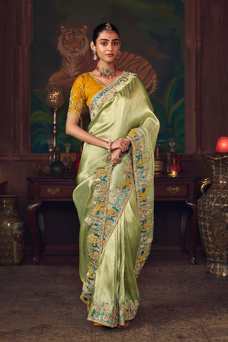 Pista Green Party-Wear Satin-Silk Saree with Rich Embroidery RTI