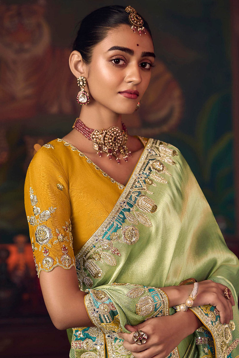 Pista Green Party-Wear Satin-Silk Saree with Rich Embroidery RTI