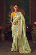 Pista Green Party-Wear Satin-Silk Saree with Rich Embroidery RTI