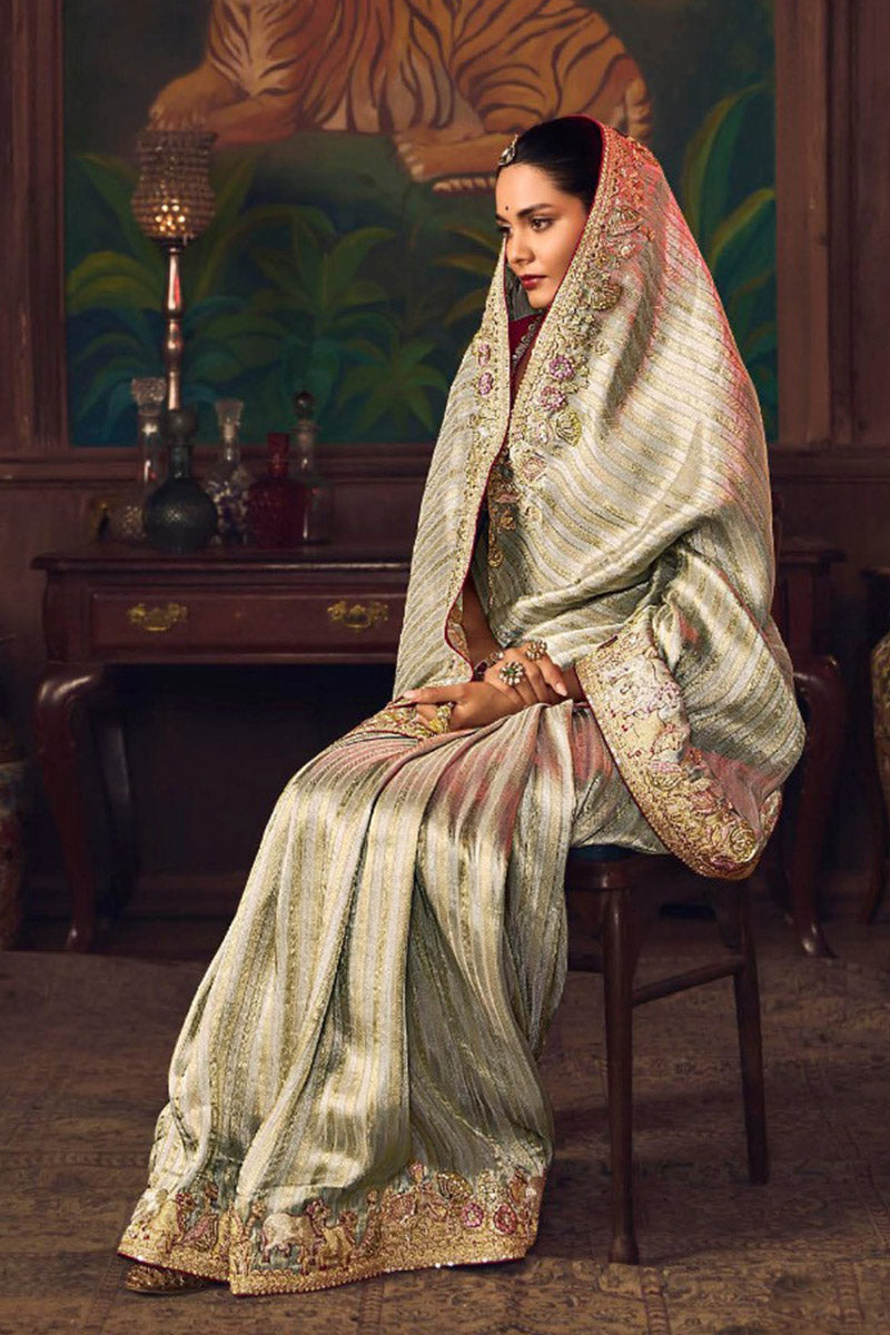 Multi Color Bridal-Style Satin-Silk Saree with Ornate Embroidery RTI