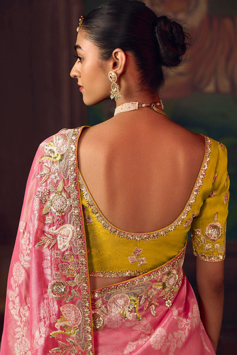 Pink Heritage Satin-Silk Saree with Handcrafted Embroidery RTI