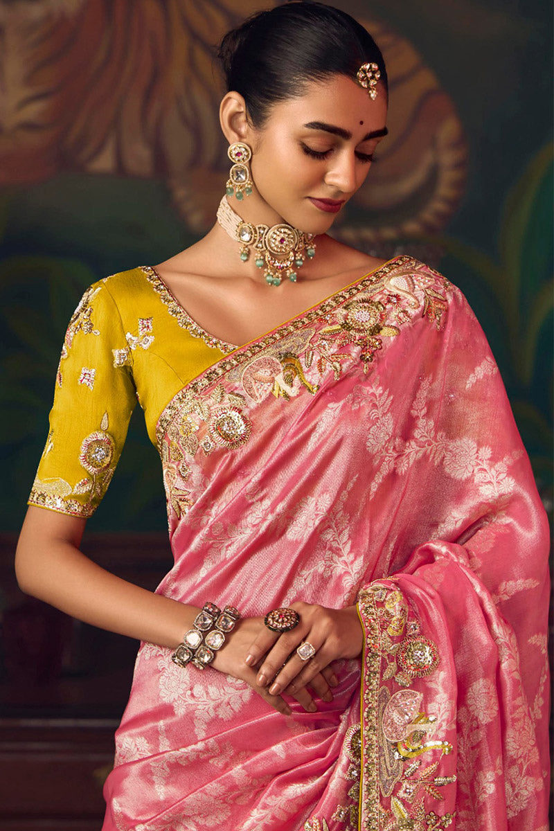 Pink Heritage Satin-Silk Saree with Handcrafted Embroidery RTI