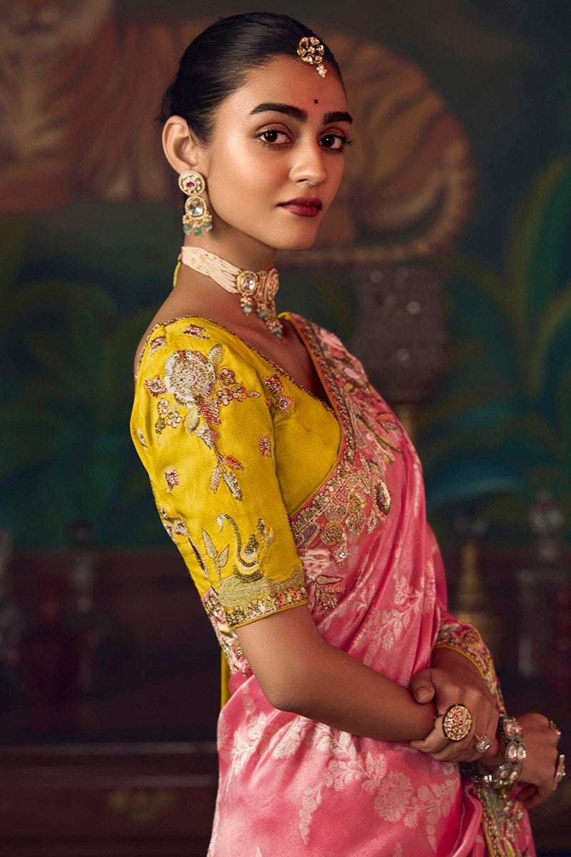 Pink Heritage Satin-Silk Saree with Handcrafted Embroidery RTI