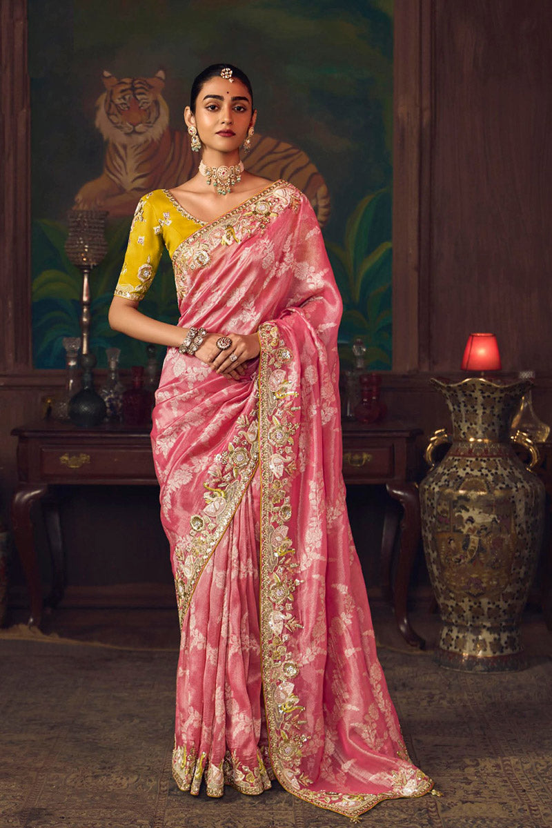 Pink Heritage Satin-Silk Saree with Handcrafted Embroidery RTI