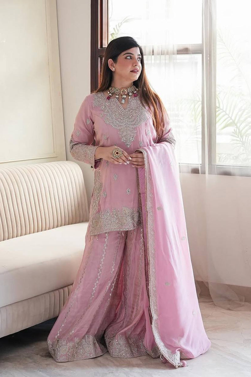 Dusky Pink Embroidered Sequins Work Sharara Suit LF