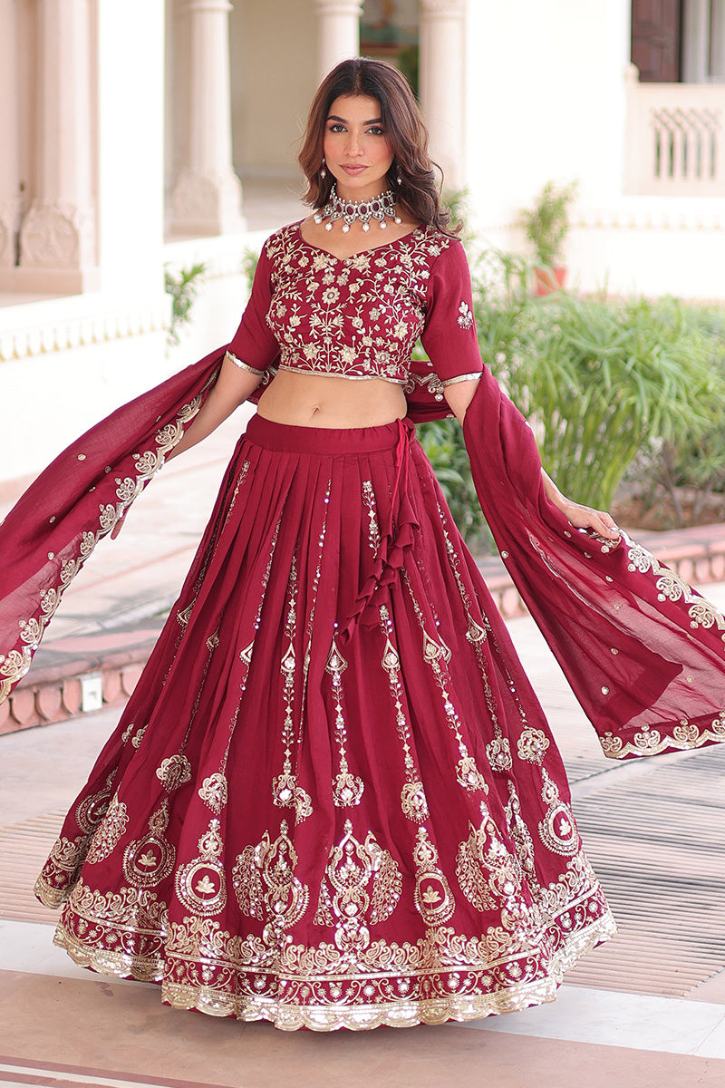 Maroon Embroidered Lehenga Choli with Dupatta – Heavy Traditional Wedding Set RTI