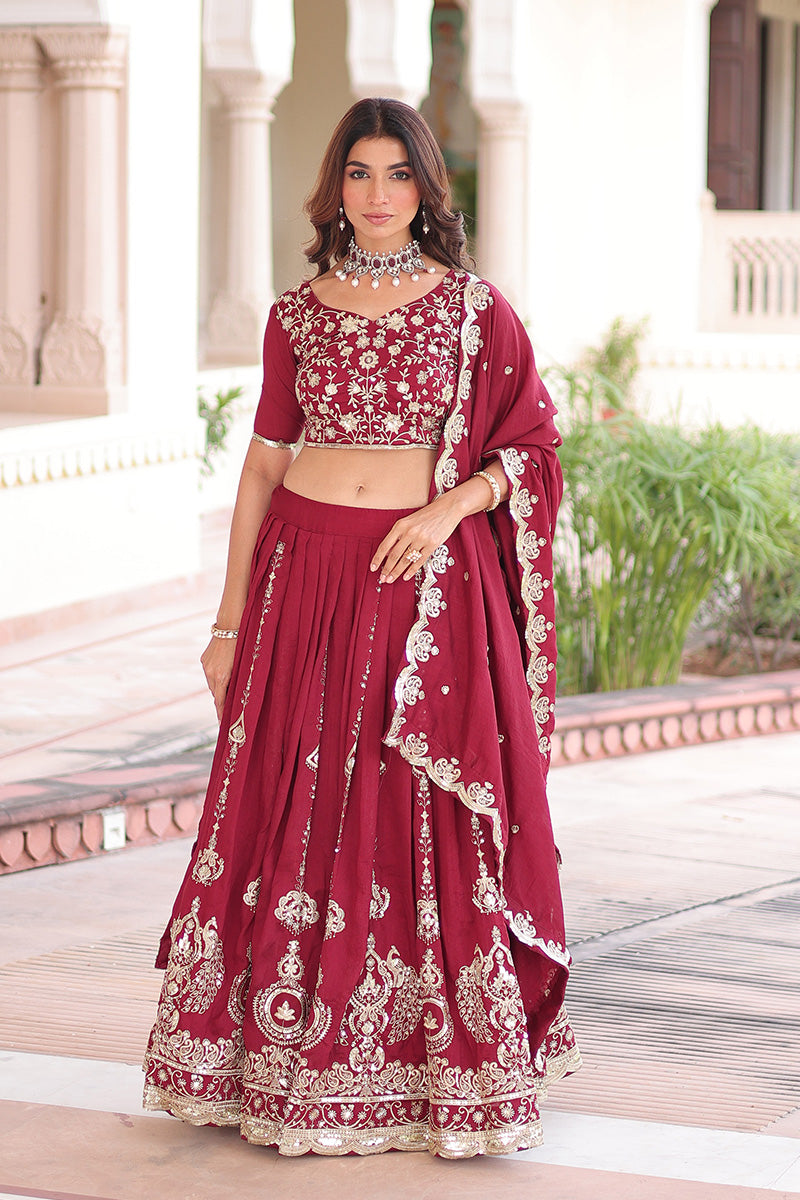 Maroon Embroidered Lehenga Choli with Dupatta – Heavy Traditional Wedding Set RTI
