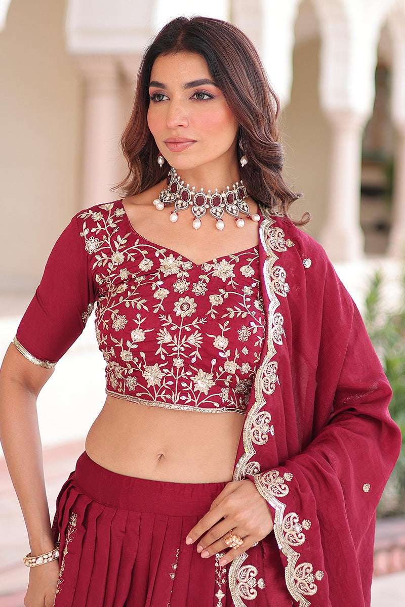 Maroon Embroidered Lehenga Choli with Dupatta – Heavy Traditional Wedding Set RTI